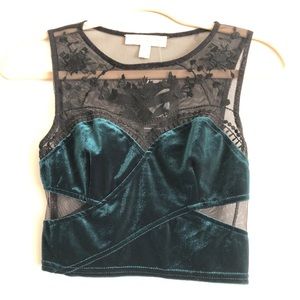 Teal velvet and lace crop top